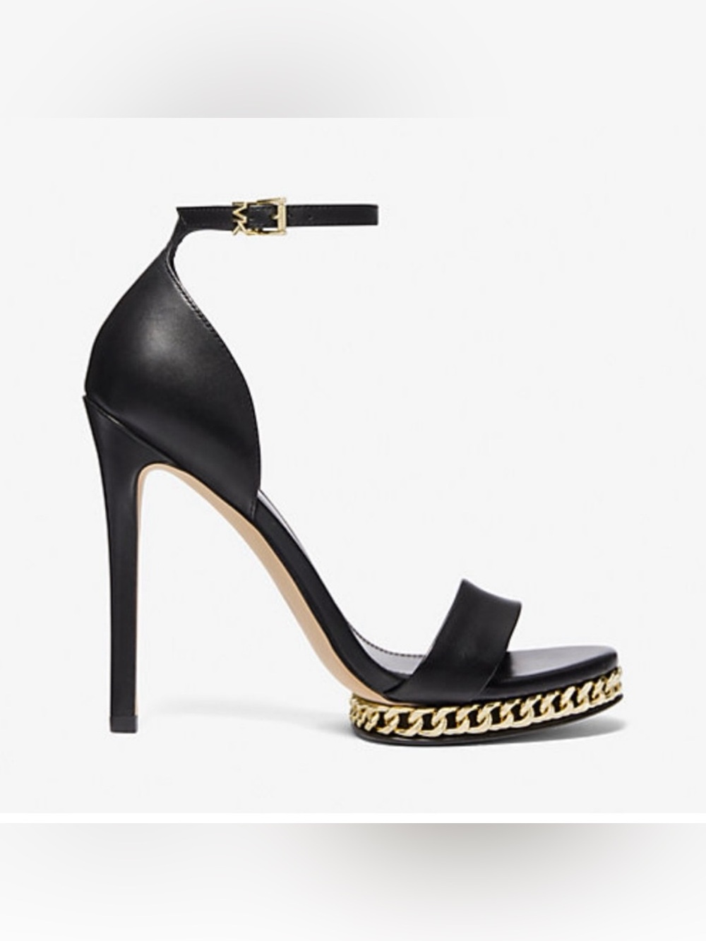 Michael Kors Black Stiletto Sandal with Gold Chain Platform